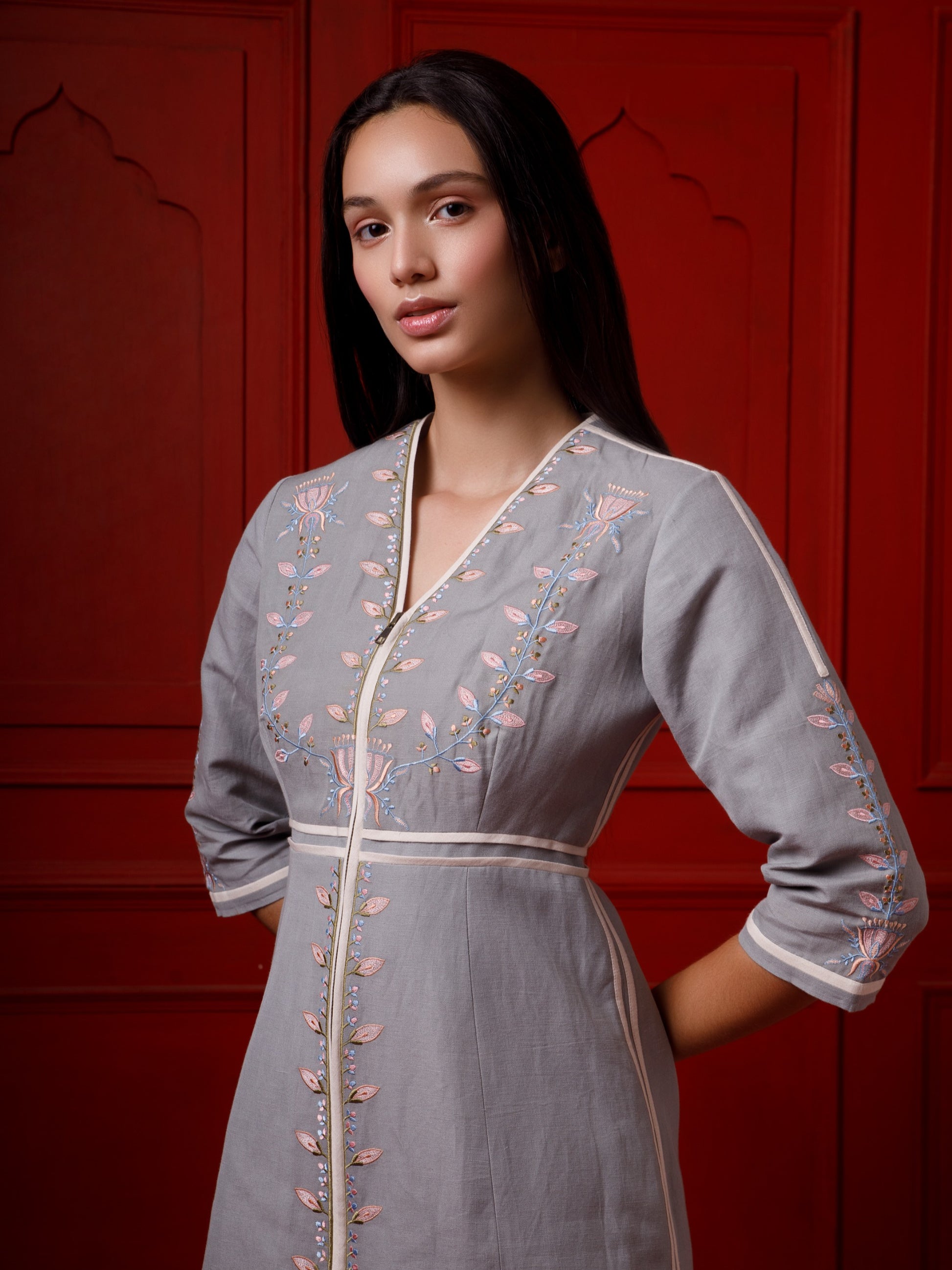 Embroidered ankle length gray cotton linen dress. image 3