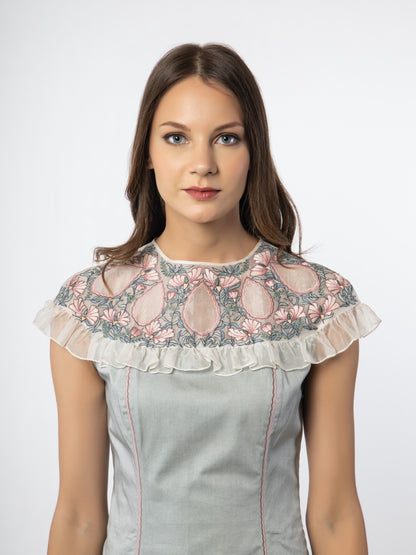 Mint blue embroidered neck dress. image 0