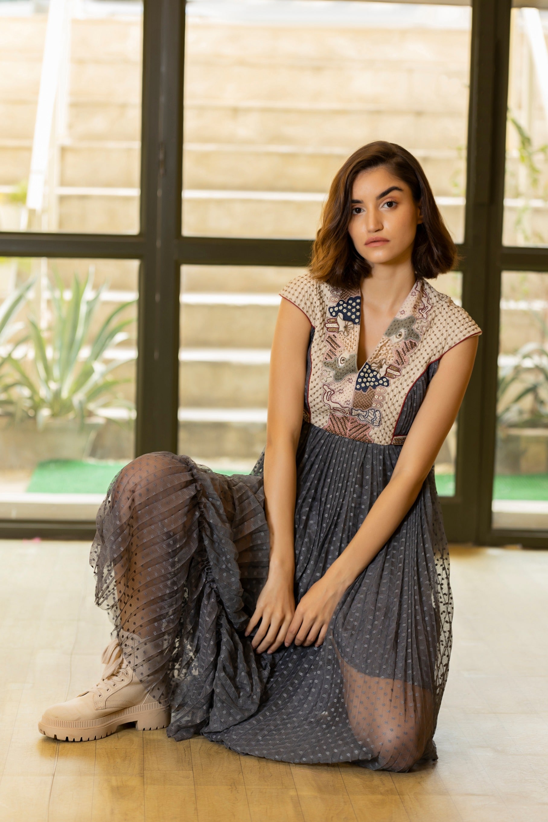 Midnight blue fish-net patchwork embroidered gown. image 2