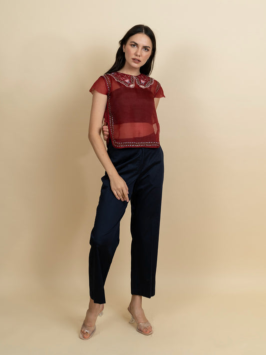 Red organza embroidered top image 1