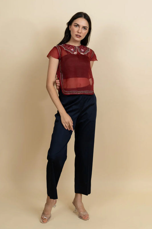Red organza embroidered top