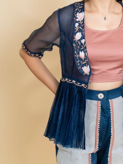 Blue floral embroidered organza blazzer image 1