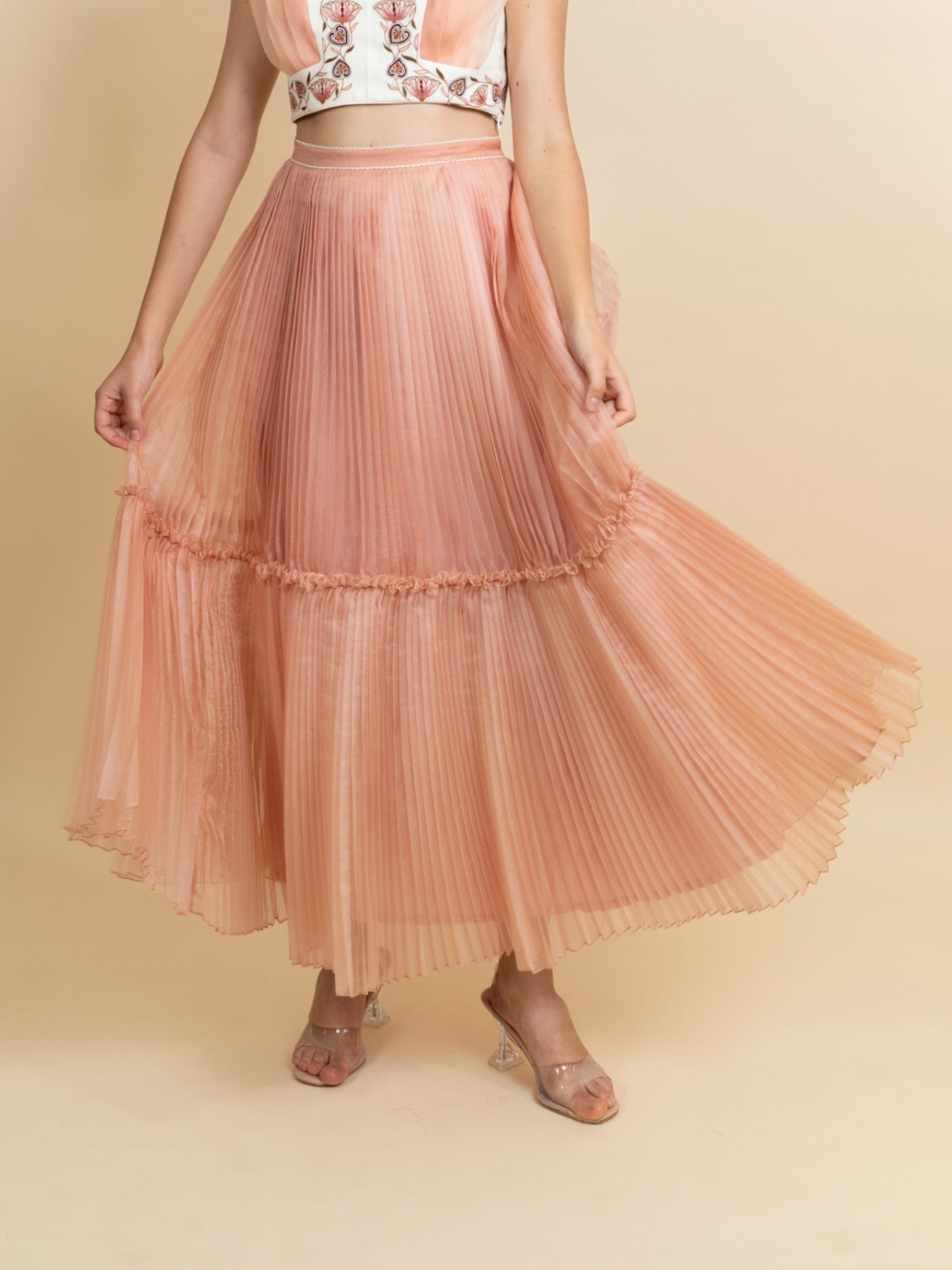 Double layered pleated organza skirt. (Peach) image 1