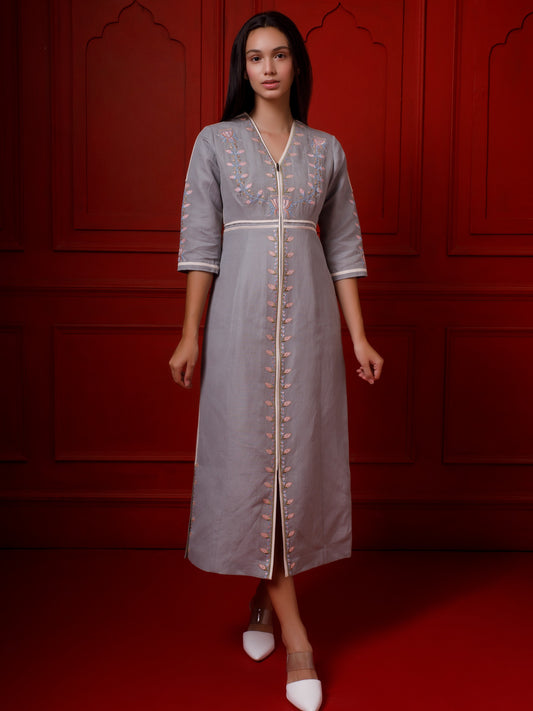 Embroidered ankle length gray cotton linen dress. image 0