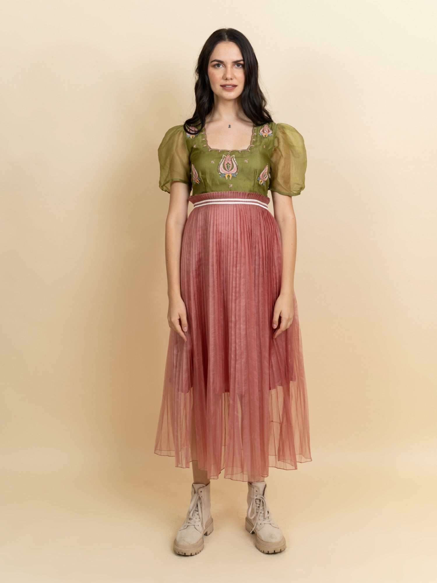 Embroidered bodice in organza color block dress. (Green) image 0