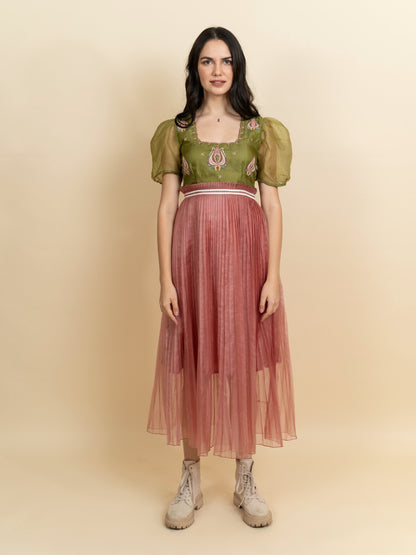 Embroidered bodice in organza color block dress. (Green) image 0