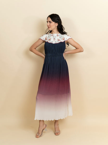 Embroidered neckline in a Georgette full length dress. (Ivory) image 3