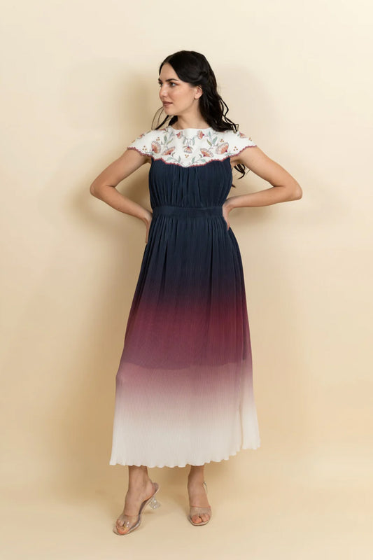 Embroidered neckline in a Georgette full length dress. (Ivory)