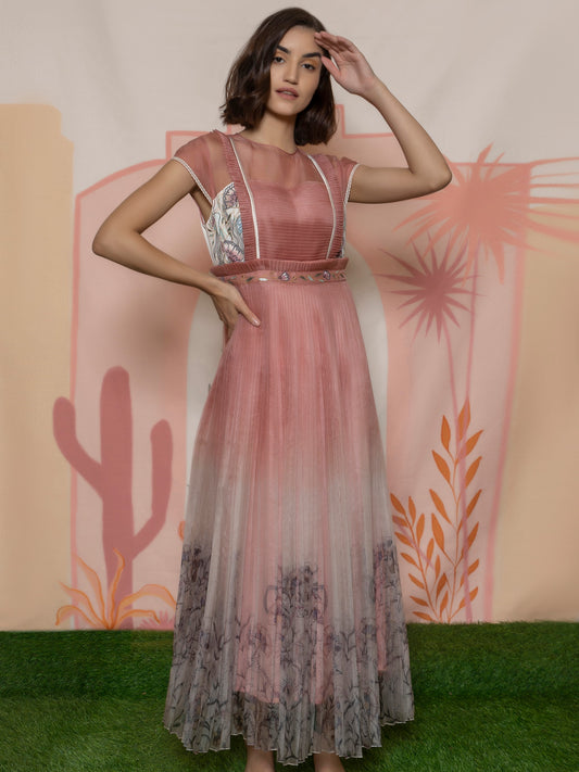 Pink organza print-pleated gown. image 0
