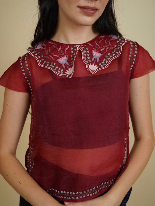 Silk organza embroidered top with pants. (Red) image 0