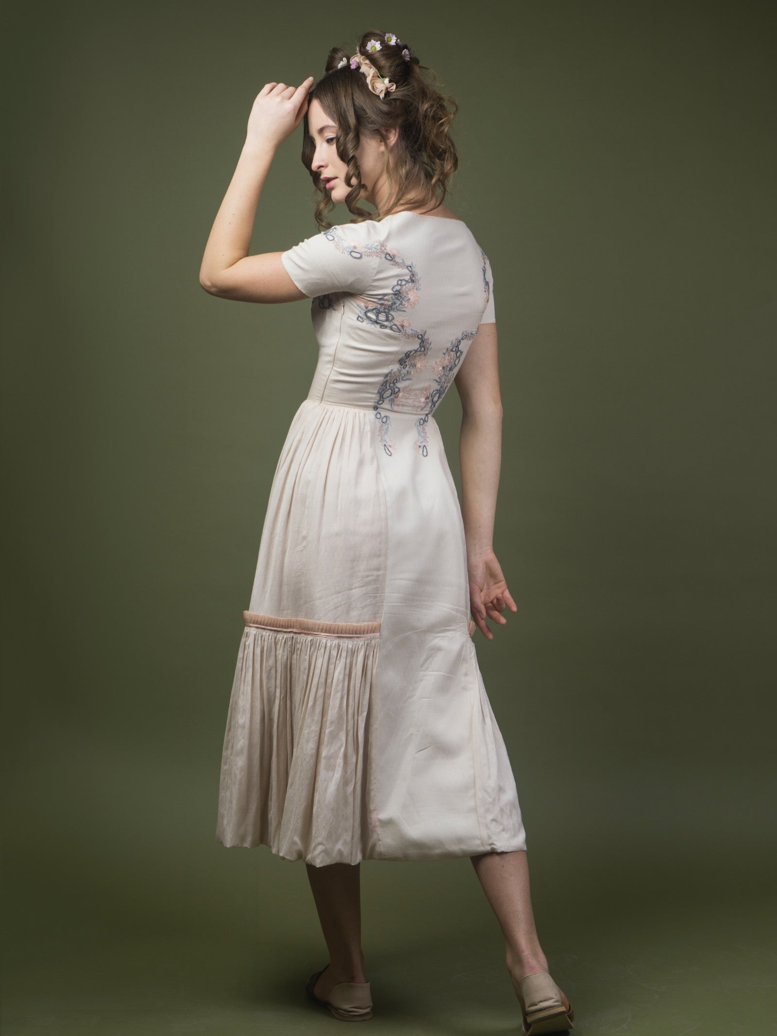 Floral embroidered calf length dress. image 4