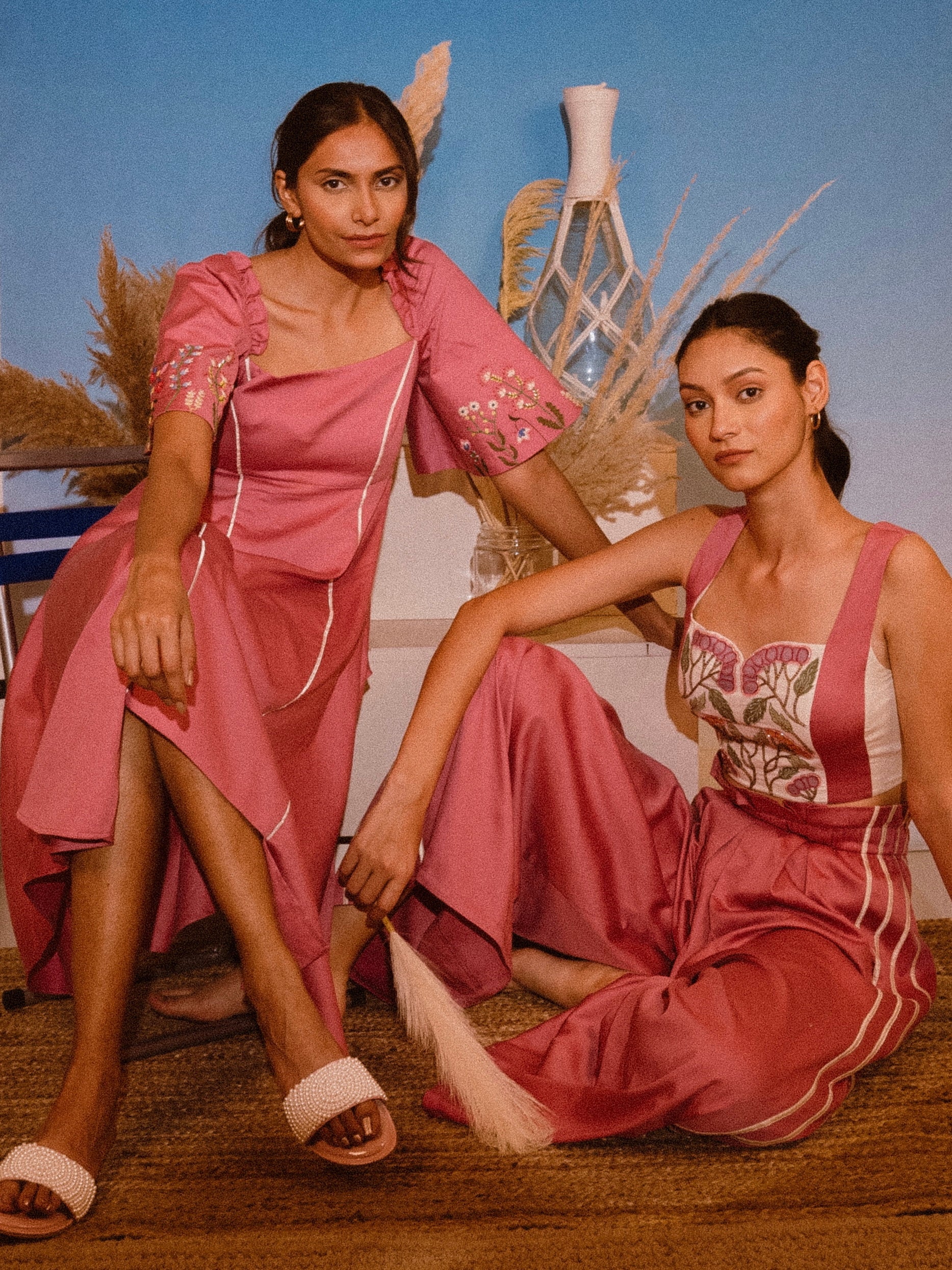 Grape embroidered crop top with pink flare pants image 0