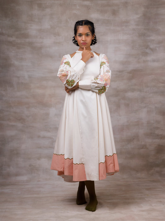 Off white drape dress with embroidered sleeves. image 1