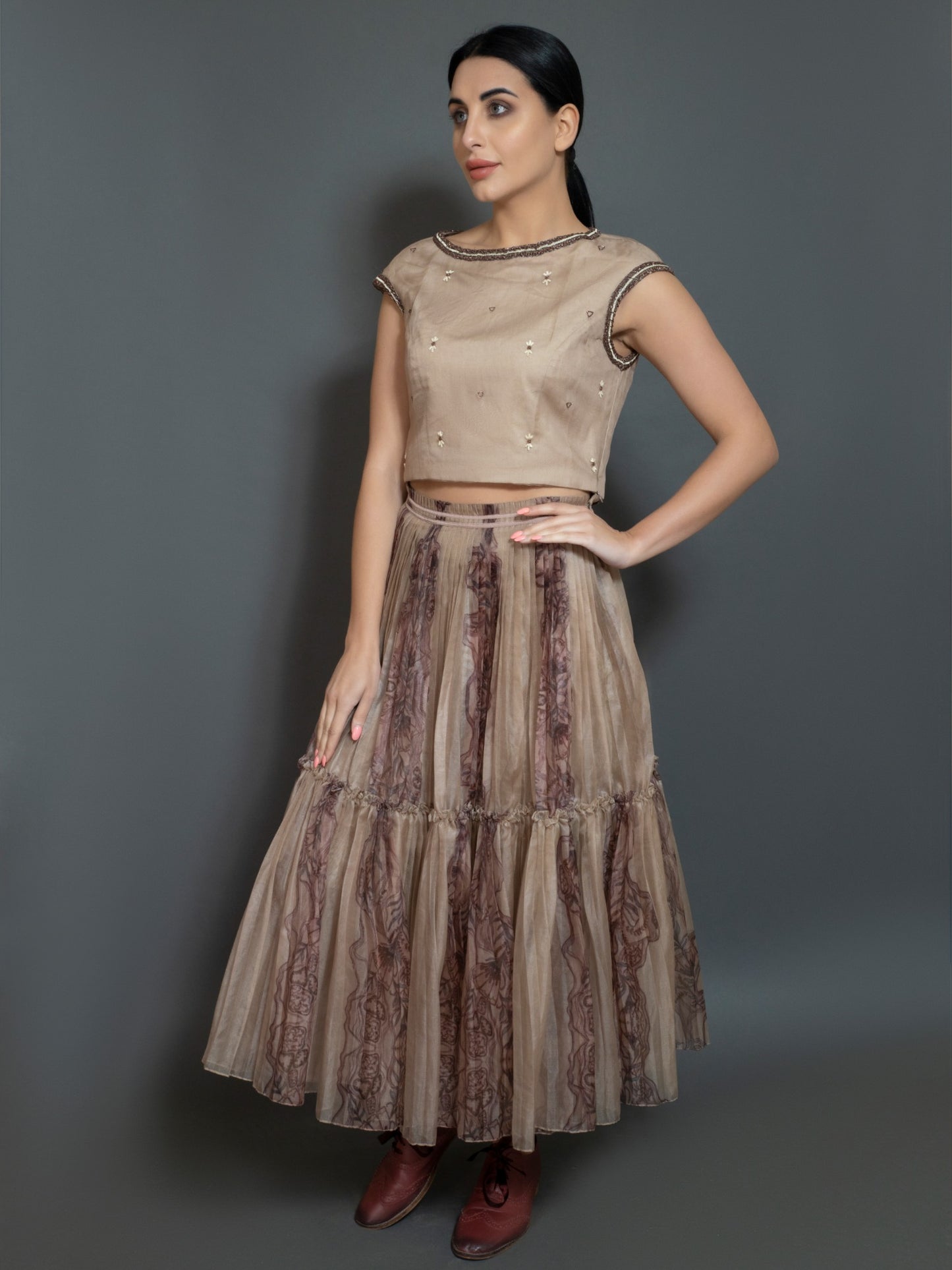 Printed organza 2 layer skirt. (Dark olive) image 2