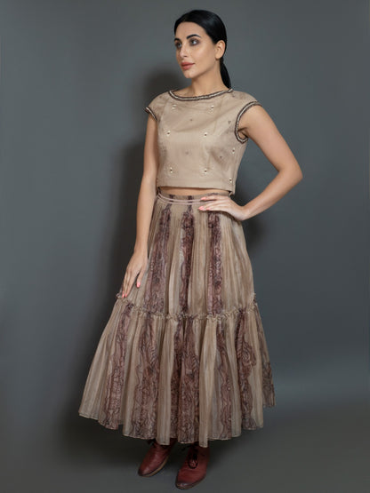 Printed organza 2 layer skirt. (Dark olive) image 2
