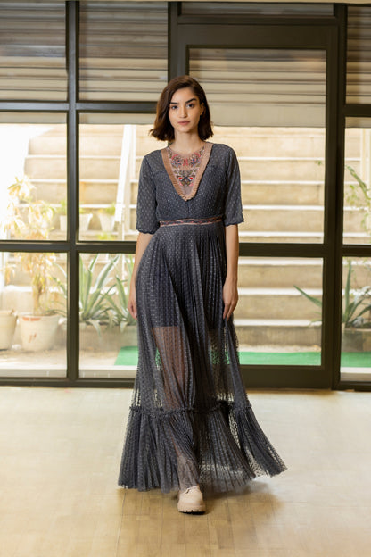 Embroidered neck fish-net full gown. image 0