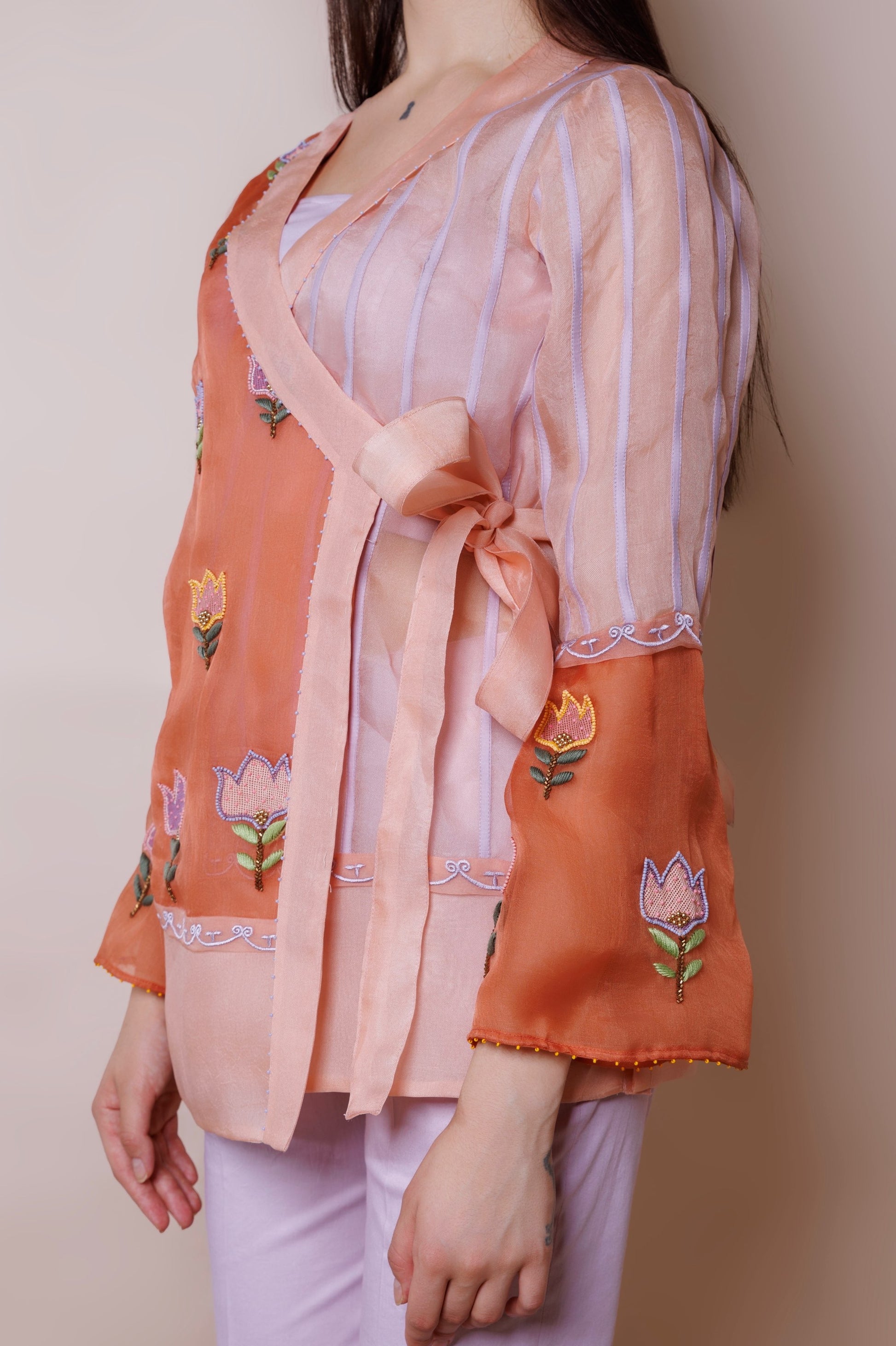 Multicolour organza blazer with lavender inner and pants image 4