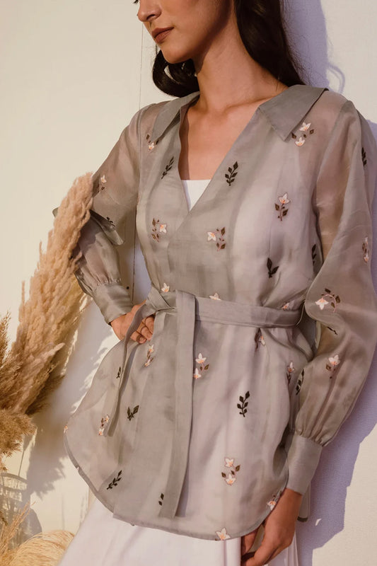 Floral embroidered organza shirt
