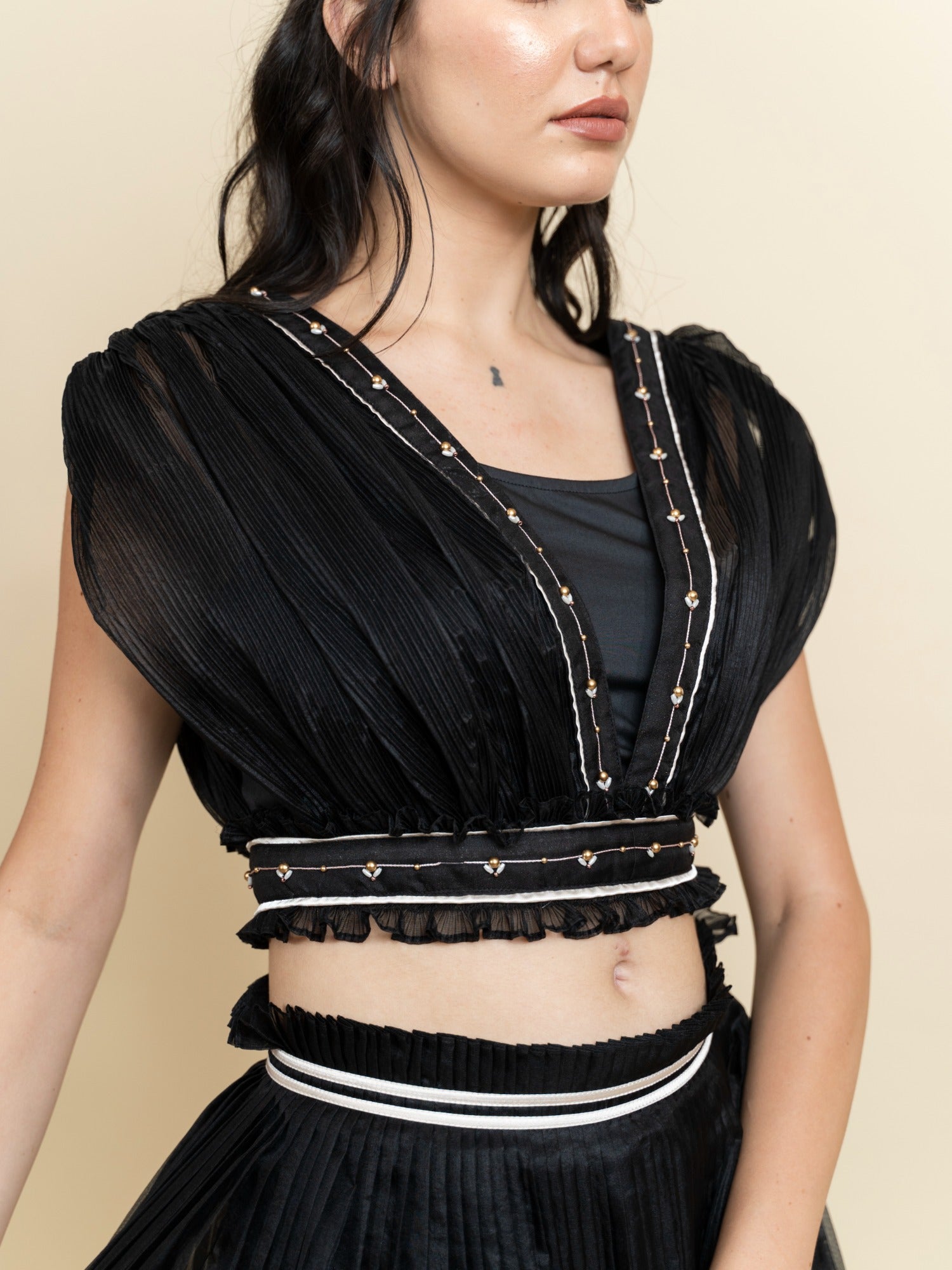 Draped organza top with pleated skirt. (Black) image 2