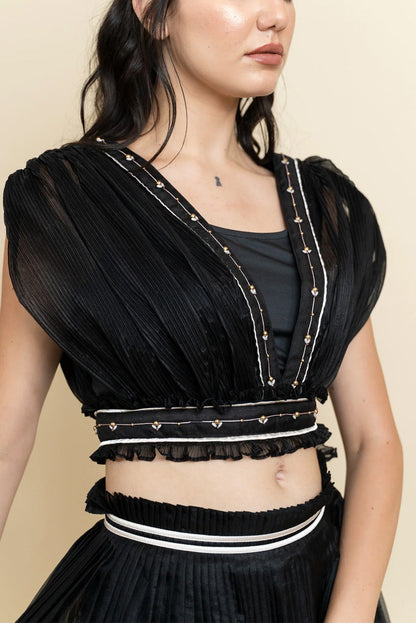 Draped organza top with pleated skirt. (Black)