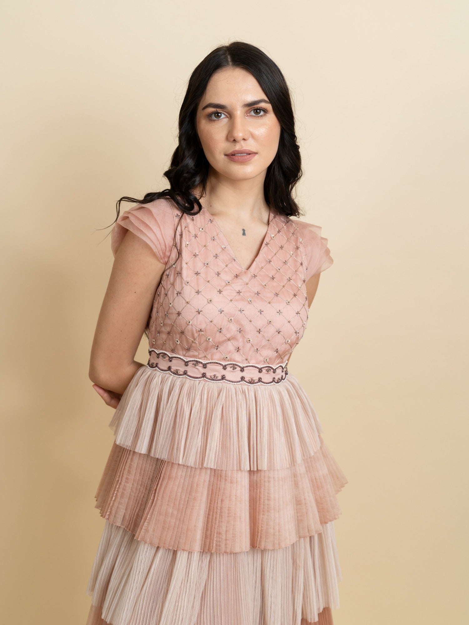 Multi layered pleated dress with fully embroidered bodice. image 3