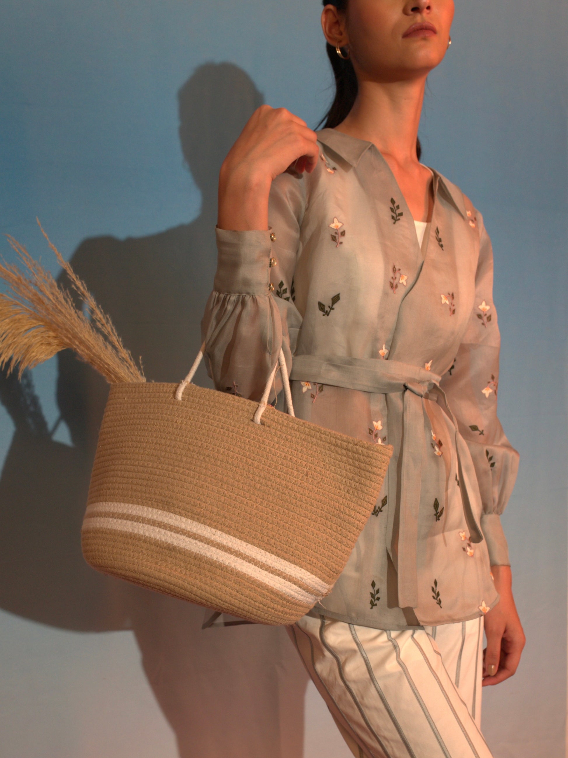 Floral grey organza Shirt with stripe pants image 1