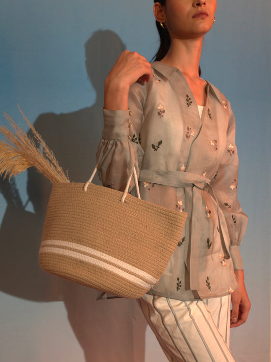 Floral grey organza Shirt with stripe pants image 1