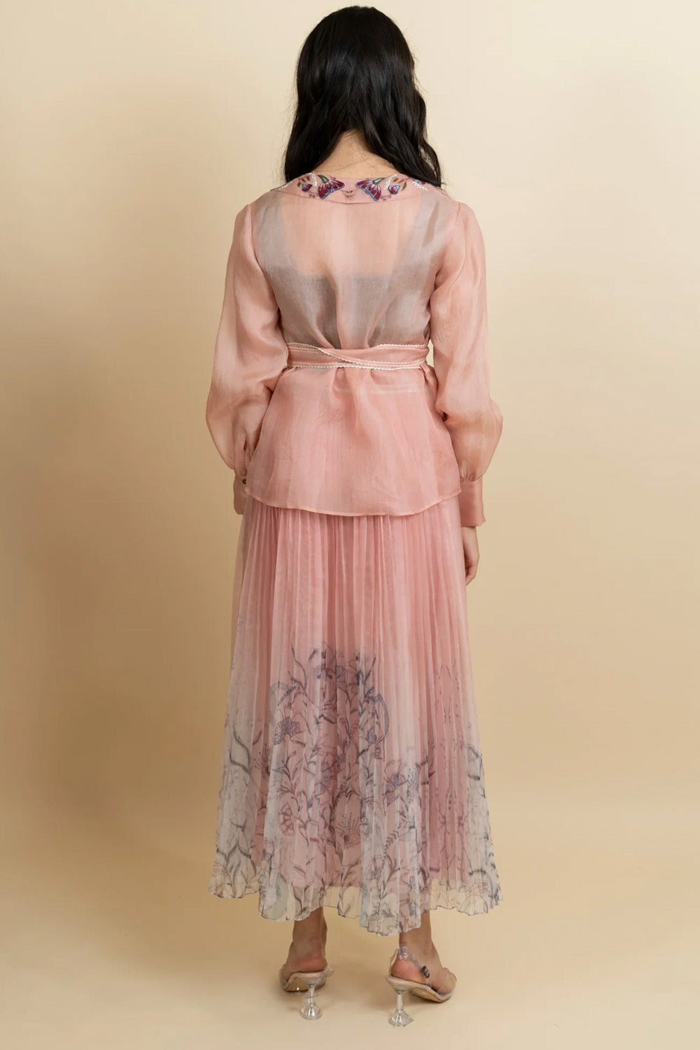 Print pleated ombre organza skirt. (Rose gold)