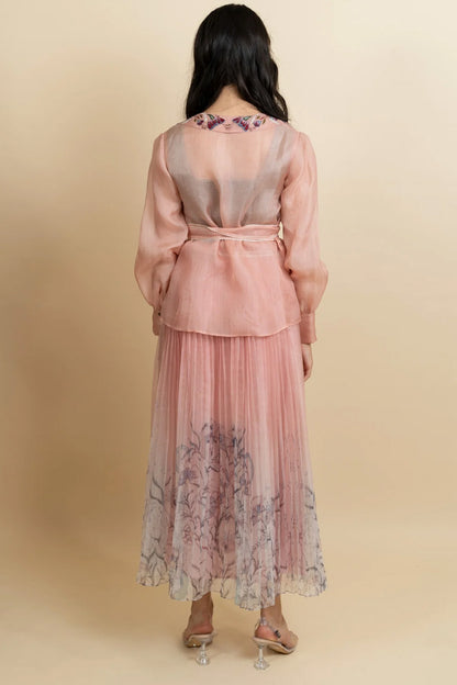 Print pleated ombre organza skirt. (Rose gold)