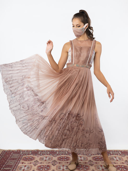 Brown organza pleated gown image 1
