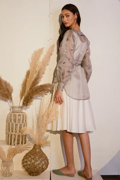 Grey organza shirt with ivory dress