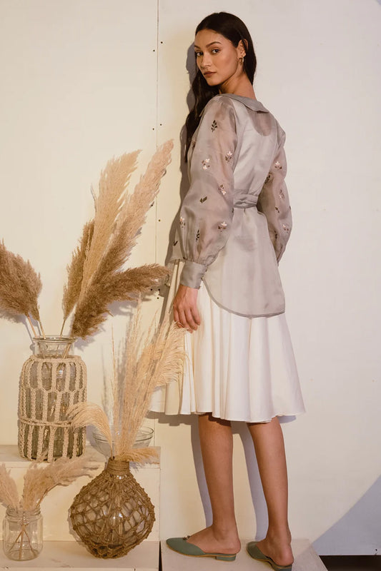 Grey organza shirt with ivory dress