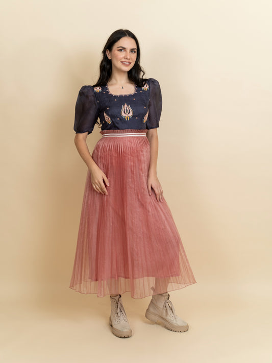 Embroidered organza color block dress. (Midnight blue) image 1