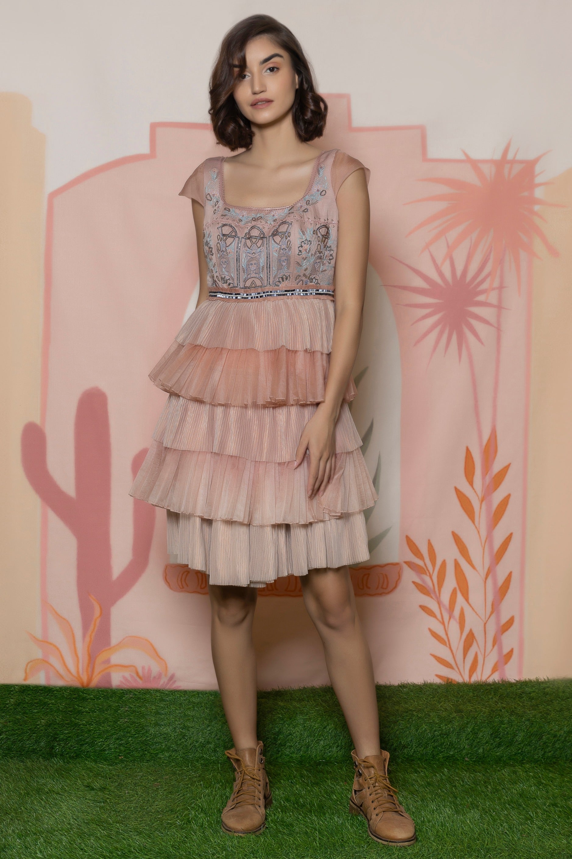 Embroidered knee length multi-layer dress. image 2