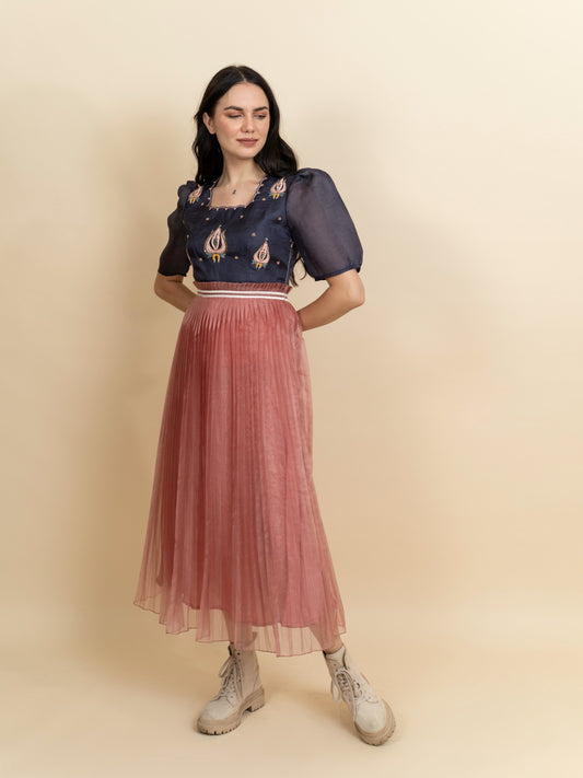 Embroidered organza color block dress. (Midnight blue) image 0