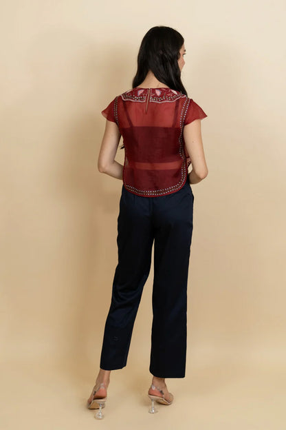 Red organza embroidered top
