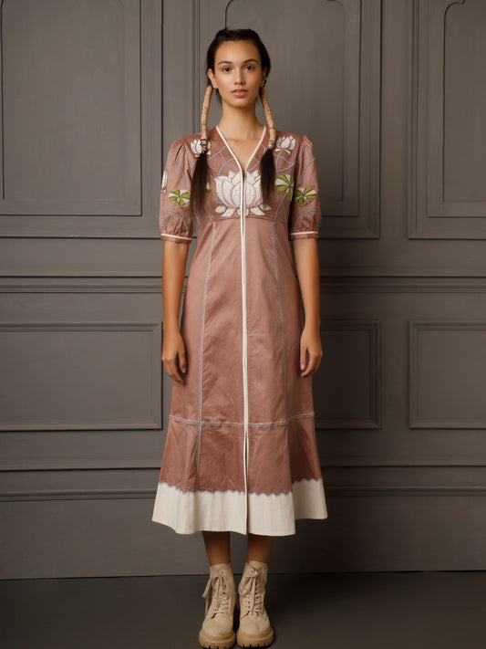Front embroidered cotton satin dress. image 0
