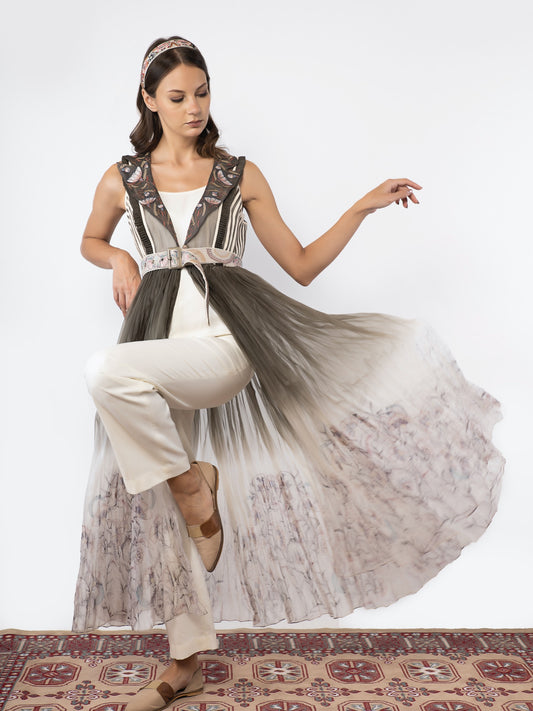 Organza embroidered cape with off white jumpsuit image 1