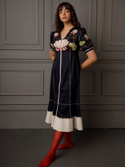 Front embroidered cotton satin dress (blue). image 0