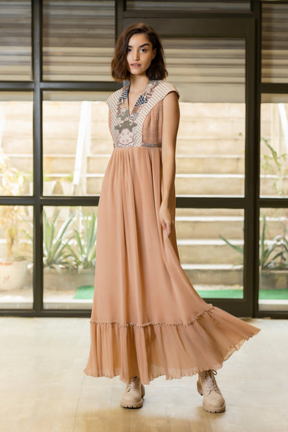 Peach georgette patchwork embroidered gown. image 1