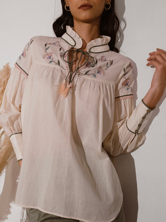 Off white embroidered top with olive pants image 1