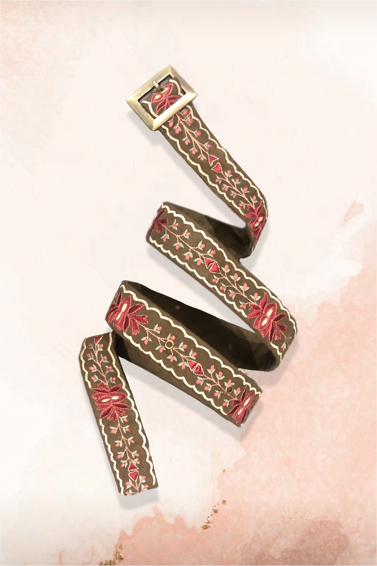 Olive green lotus embroidered belt. image 0