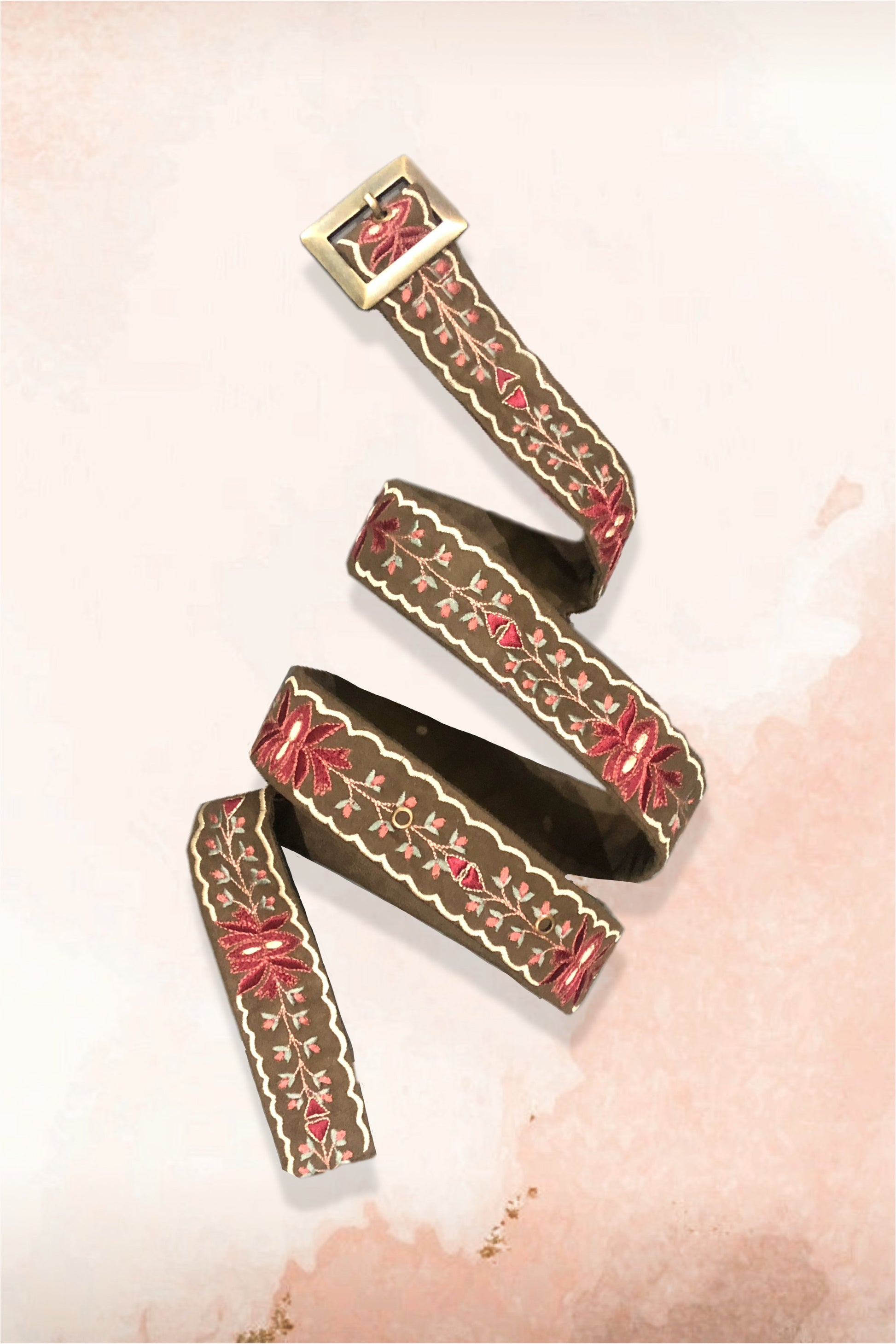 Olive green lotus embroidered belt. image 0