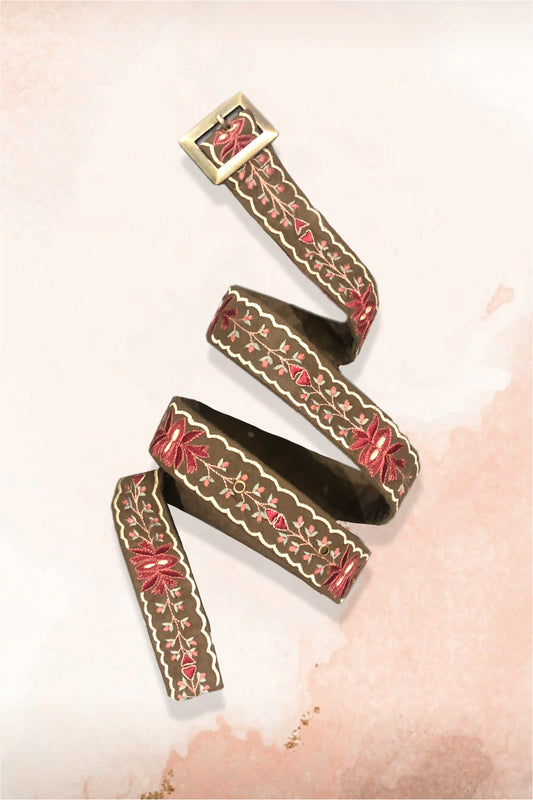 Olive green lotus embroidered belt. image 0