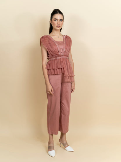 Draped organza pleated top with pants. (Blush pink) image 1