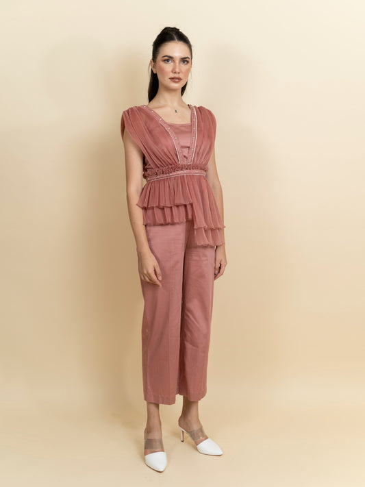 Draped organza pleated top with pants. (Blush pink) image 1