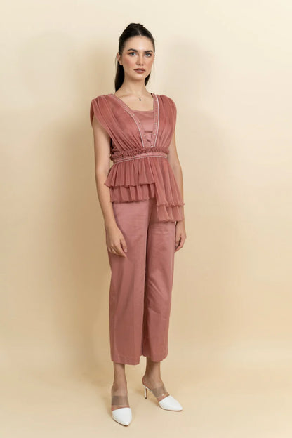 Draped organza pleated top with pants. (Blush pink)