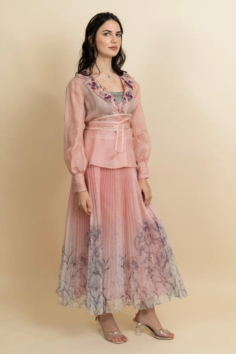 Print pleated ombre organza skirt. (Rose gold)