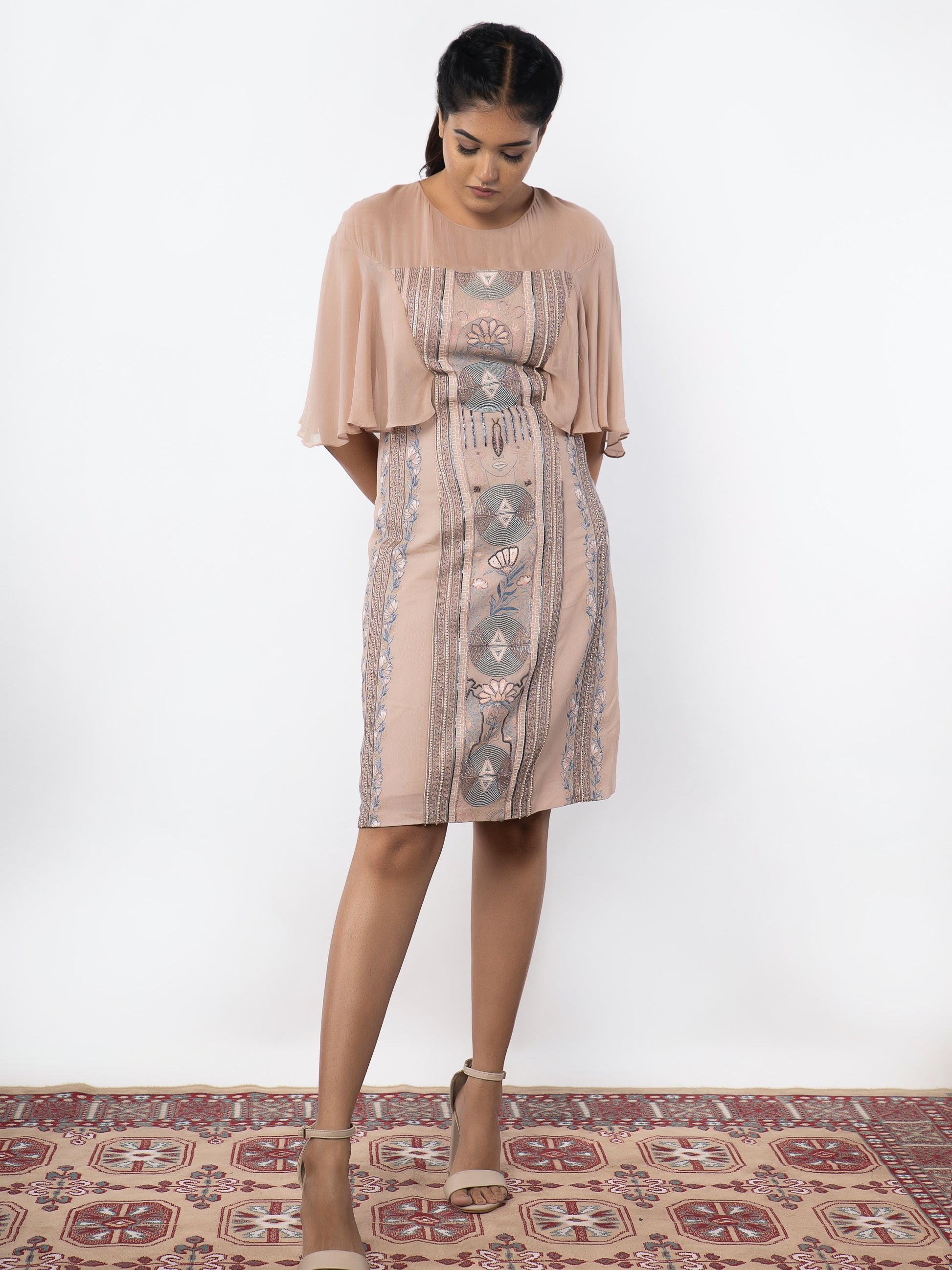 Hand embroidered rose gold knee length dress. image 0