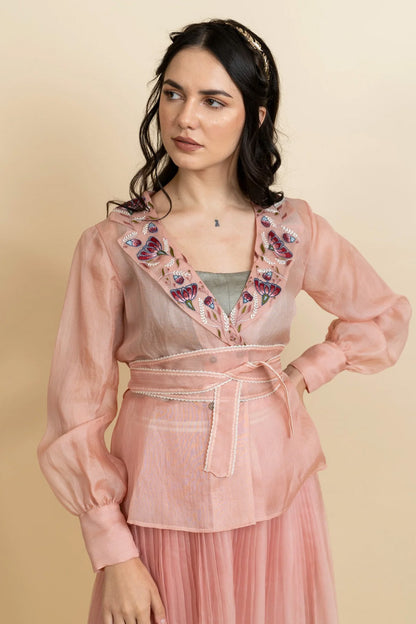 Embroidered organza blazer with pleated skirt set.